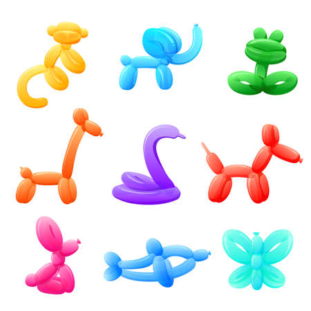 Balloon animals. Bright party balloons, kids birthday entertainment tools. Isolated abstract frog, dog, monkey. Funny cute toy, recent vector collection. Illustration of toy balloon air heliumのイラスト素材