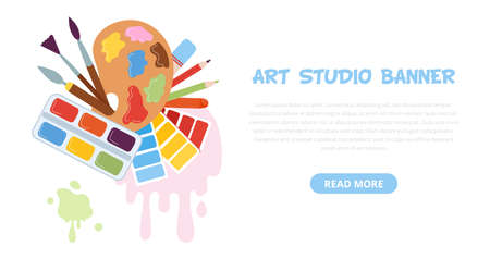 Art supplies banner. Kids creative, arts school or camp. Crafting materials, summer drawing workshop flyer. Painting tools decent vector background. Illustration of banner education art schoolのイラスト素材