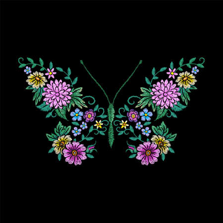 Beautiful floral butterfly. Pretty gardening flowers, shirt embroidery. Clothing print design. Fashion wildflower bouquet, nowaday metamorphosis vector. Illustration of floral and pretty butterflyのイラスト素材