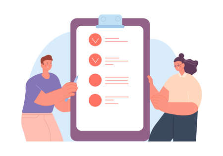 Business checklist. Time management. People looking on task list. Economics, targets and strategy planning. Teamwork vector concept. Illustration of checklist management work, teamwork managerのイラスト素材