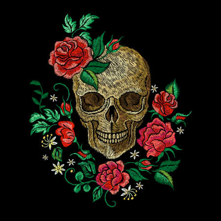 Skull and roses. Embroidery rose, rock style print template. Shirt or leather jacket art design. Rocking graphics, gothic death vintage nowaday vector poster. Illustration of skull art embroideryのイラスト素材