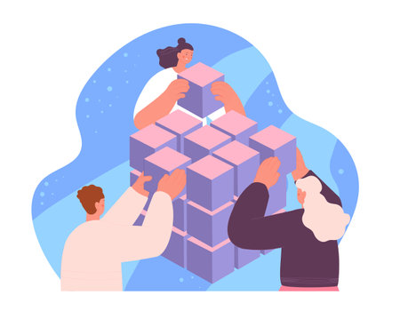 Team coworking process. Collaboration and management, group problem solution and communication. Help in job abstract vector concept. Illustration of collaboration coworking and teamworkのイラスト素材