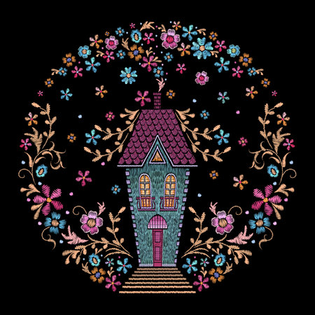 House in floral garden. Steampunk fairy tale fantasy home. Tiny building and wild flowers with golden branches. Silk stitch embroidery nowaday vector template. Illustration of floral embroideryのイラスト素材