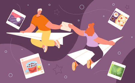 People on paper plane. Abstract online meeting, email sending concept. Flying young man woman,...