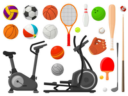 Cartoon sport equipment. Ball collection, flat balls and racket, golf accessories. Gym elements, sporting and outdoor activity vector objects. Illustration of sport ball and competition equipmentのイラスト素材