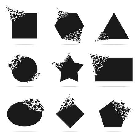 Shape explosion. Destructive shapes, shatter triangle, square, round. Isolated debris, motion crack or geometric black break elements, recent vector set. Illustration of explosion shatterのイラスト素材