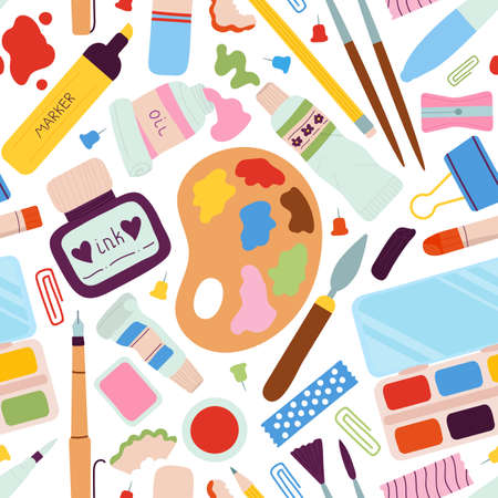 Drawing tools seamless pattern. Pen and watercolor, palette and ink. Isolated painting elements print, art studio, kids school workshop decent vector background. Illustration of pen drawing patternのイラスト素材