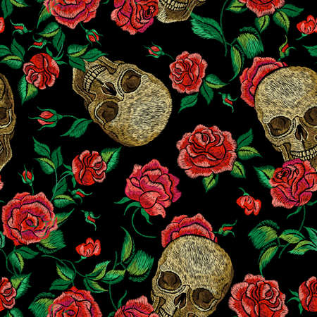 Skull roses seamless pattern. Clothing prints, skulls and flowers on dark background. Gothic, rock vintage template. Dead day nowaday vector design. Illustration of fabric skull and red roseのイラスト素材