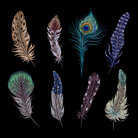 Embroidery feathers. Birds feather ethnic design, boho style patches. Hand stitch tribal elements, peacock wings decorative art. Nowaday vector set. Illustration of ethnic art drawing patternのイラスト素材