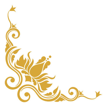 Golden ornamental corner. Curly vines with flowers in vintage style isolated on white backgroundのイラスト素材