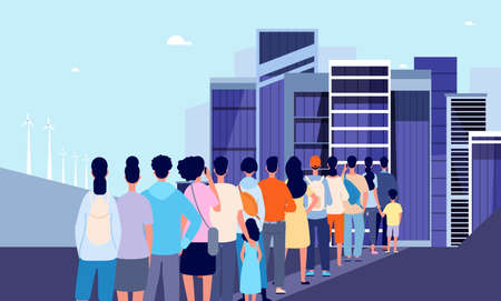 Removing in megapolis. People crowd stand in waiting line for entrance in big city. New way, refugees and opportunities, vector concept. Illustration of queuing crowded in megapolisのイラスト素材