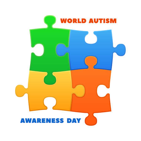 World autism day. Awareness poster with colorful puzzle . Medicine care and childhood support concept, love and accept vector banner. Illustration of autism day awareness and supportのイラスト素材