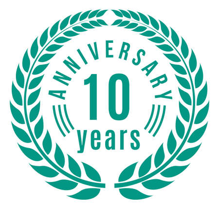 Anniversary ten years label. Decorative tag with laurel branches isolated on white backgroundのイラスト素材
