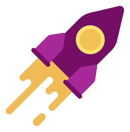 Flying rocket icon. Purple spacecraft  in flat style isolated on white backgroundのイラスト素材