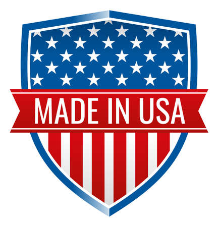 Made in USA badge. American flag style shield with ribbon isolated on white backgroundのイラスト素材