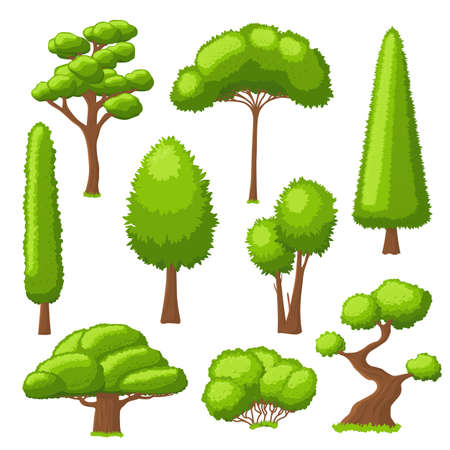 Forest tree collection. Simple trees, green environment isolated elements. Garden bushes, plants with foliage for nature landscape recent vector set. Illustration of collection forest treesのイラスト素材