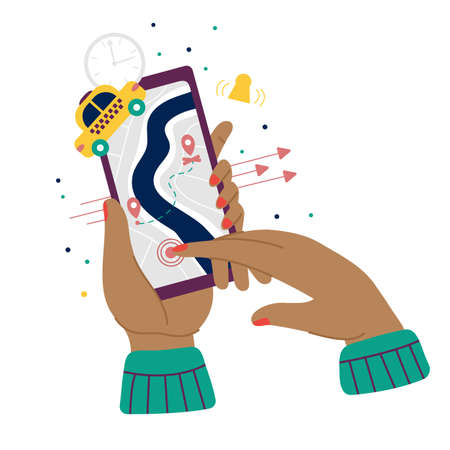Hand touching screen. Mobile drive app, online taxi service. Search road, smartphone games and applications. Web map and car, decent vector concept. Illustration of mobile application taxiのイラスト素材