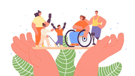 People support. Hands hold human without hand, leg or vision, person in wheelchair. Helping and volunteering, healthcare vector concept. Illustration of support and care handicappedのイラスト素材