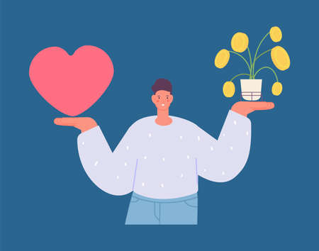 Man choose between love and money. Family or work, life balance metaphor. Young male character with coin tree and heart, vector illustration. Love or money concept choiceのイラスト素材