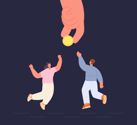 People jumping for money. Hand holding golden coin, man and woman need cash. Investment concept, business project or hiring vector illustration. Jumping for financial earnings and catchingのイラスト素材
