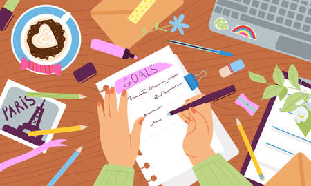 Woman writes in diary. Hands and journal, writing idea and plans in notepad with pen. To do list, organizing goals in paper book. Student vector scene. Illustration of woman write diary and notepadのイラスト素材