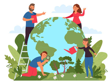 Eco world concept. People care earth, environment and nature. Protect and love natural life. Woman and man support green forest, decent vector scene. Illustration save environmental earthのイラスト素材