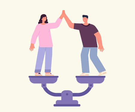 Gender equality concept. Woman and man give five, happy business people. No gap, male and female friendship or partnership. Vector people stand on scales and equality gender rights illustrationのイラスト素材