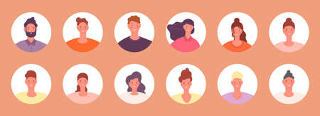 People avatars. Cartoon flat woman and man in casual clothes with diverse haircut. Cute modern characters, students or office workers creative team, vector set. Illustration of avatar female and maleのイラスト素材