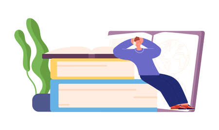 Student listen book. Self education, study or learning. Man in headphones relax in positive useful information flow. Online library vector scene. Illustration of students with booksのイラスト素材