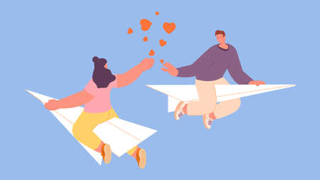 Woman man flying on paper plane. Fleeting infatuation, sympathy and falling in love. People fly on diverse ways. Romantic relationships is end vector concept. Illustration of love flyingのイラスト素材