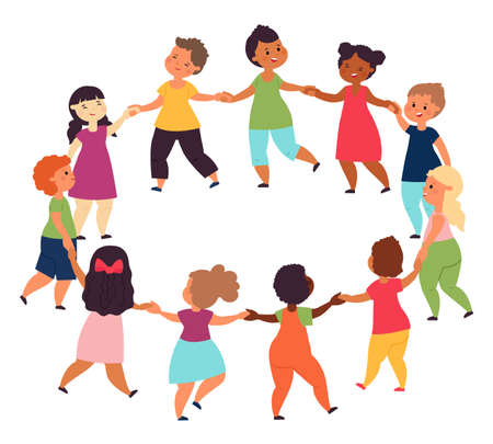 Kids in circle. Playing teens holding hands, children connection together. Communication little characters, friendship and dancing round dance, vector scene. Illustration of girl and boy activityのイラスト素材