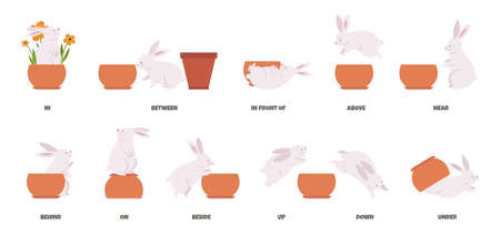 Basic english prepositions poster. Study language with cute cartoon rabbit and flower pot. Bunny character in different poses, isolated education vector banner. Illustration of education schoolのイラスト素材