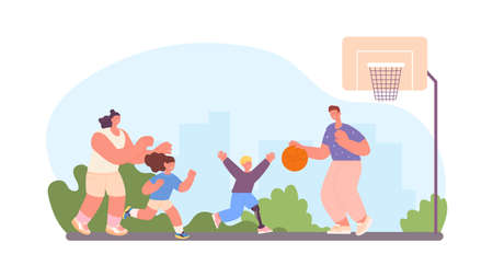 Family play basketball in city park. Inclusive child in life. Happy boy with parents and sister workout on playground, vector scene. Illustration of happy family with children inclusionのイラスト素材