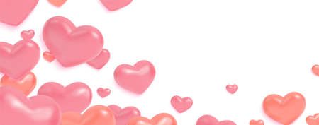 Hearts 3d pastel pink colors background. Realistic heart balloons romantic banner or postcard. Love...