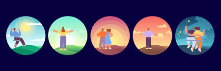 Outdoor people. Woman man on nature. Dating and relax, single and couples stand back and look in future. Morning, day and evening landscapes, vector set. Illustration of romantic man and womanのイラスト素材