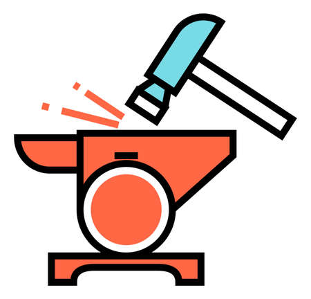 Anvil and hammer icon. Blacksmith symbol. Metal work sign isolated on white backgroundのイラスト素材