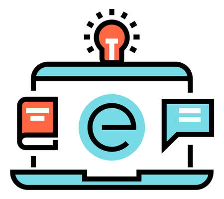 Online education icon. Book and chat message on laptop screen. E-learning concept isolated on white...