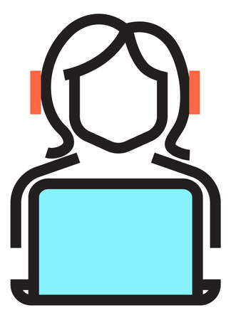 Woman working on laptop icon. Office job symbol isolated on white backgroundのイラスト素材