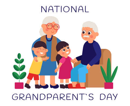 Grandparents day. National grandparent festive, grandchildren celebrating with grandfather and grandmother. Cute family characters vector card. Illustration of celebration day grandfather and grandmaのイラスト素材