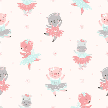 Cartoon ballerina seamless pattern. Ballet dancing cat, pig and bear. Baby print. Cute dancers animals in tutus, artistic vector background. Illustration of ballerina cartoon, background and patternのイラスト素材