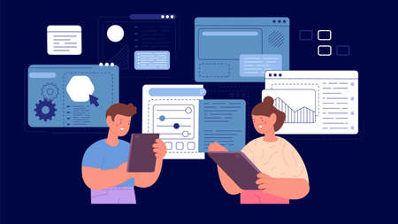 Geek children with tablets. Kids programming, modern boy and girl coding. Web or app development for...
