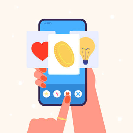 Life priority. Woman choose between diverse priorities on smartphone screen. Love or friendship, money or business success and creative mind, vector concept. Illustration of choice comparison in lifeのイラスト素材