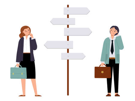Confused business people. Businessman stand directions and choose road. Lost opportunities, woman man think and choice career path vector scene. Illustration of businessman and woman making decisionのイラスト素材