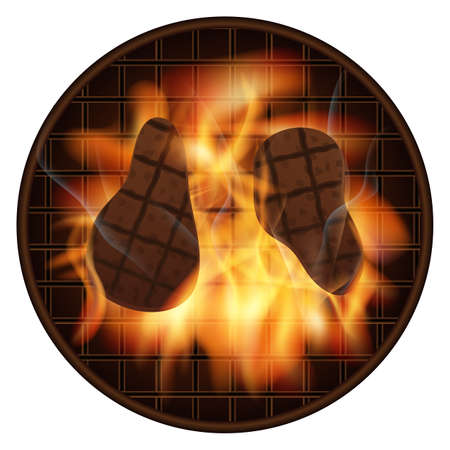 Bbq grill meat on grid with realistic fire flame isolated on white backgroundのイラスト素材