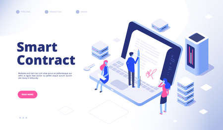 Smart contract. Digital signature electronic document smart contracts protocol facilitator cryptography agreement vector concept. Digital signature contract agreement, business smart illustrationのイラスト素材