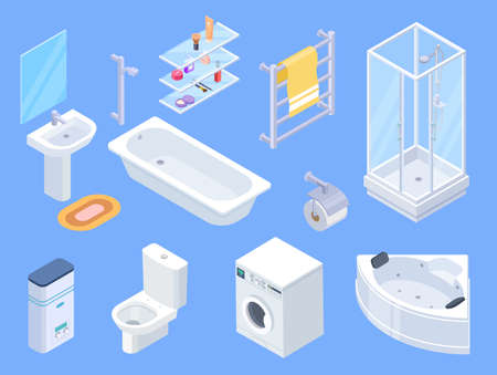 Bathroom isometric. Bathrooms interior isometrics elements, toilet water closet and towel dryer, washbasin and shower vector illustrationのイラスト素材