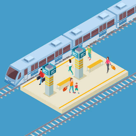 Isometric 3d city railway station vector location. Illustration of train infrastructure, passenger public transportationのイラスト素材