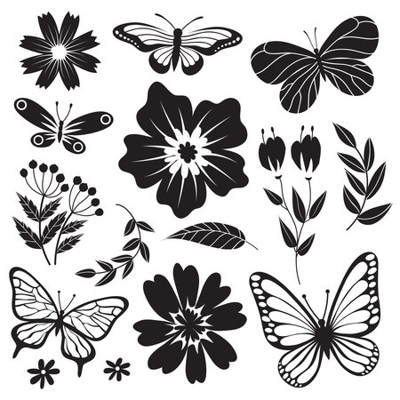 Black and white butterflies and flowers. Hand drawn vector floral set. Floral and butterfly, flower plant monochrome illustrationのイラスト素材