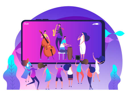 Live music concept on phone and dancing people - online music fest vector illustration. Music online...