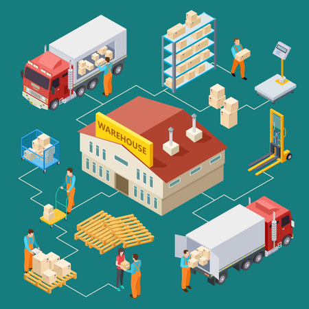Warehouse, delivery, logistic isometric vector illustration 3d. Isometric delivery warehouse, 3d cargo logisticのイラスト素材